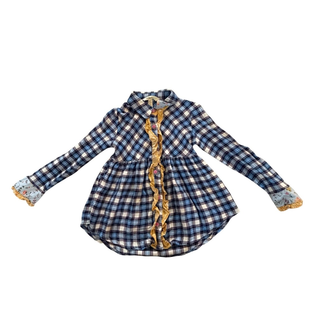 Matilda Jane Plaid Flannel Tunic Top Girls 6 Blue Ruffle Floral Cuffs Collared